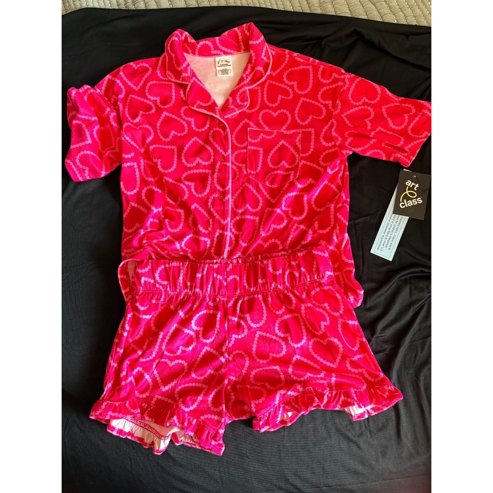 Art Class Girls Pink Heart Flannel Sleepwear Set Size XL 14 Short Sleeve Pajamas
